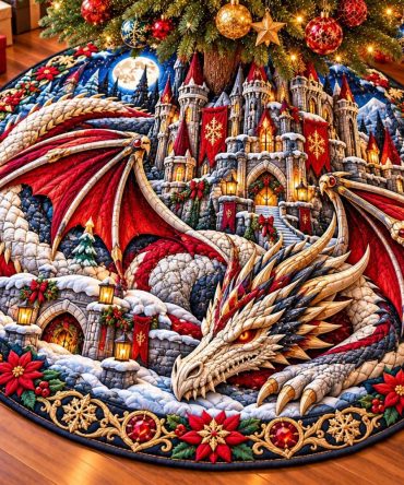 Made-To-Order Royal Snow Dragon Christmas Tree Skirt - Majestic Winter Dragon Holiday Design, Custom Regal Tree Base Decor
