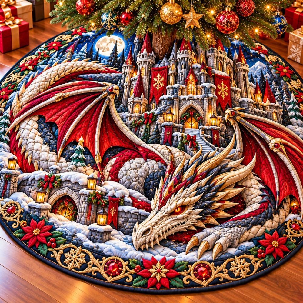 Made-To-Order Royal Snow Dragon Christmas Tree Skirt - Majestic Winter Dragon Holiday Design, Custom Regal Tree Base Decor
