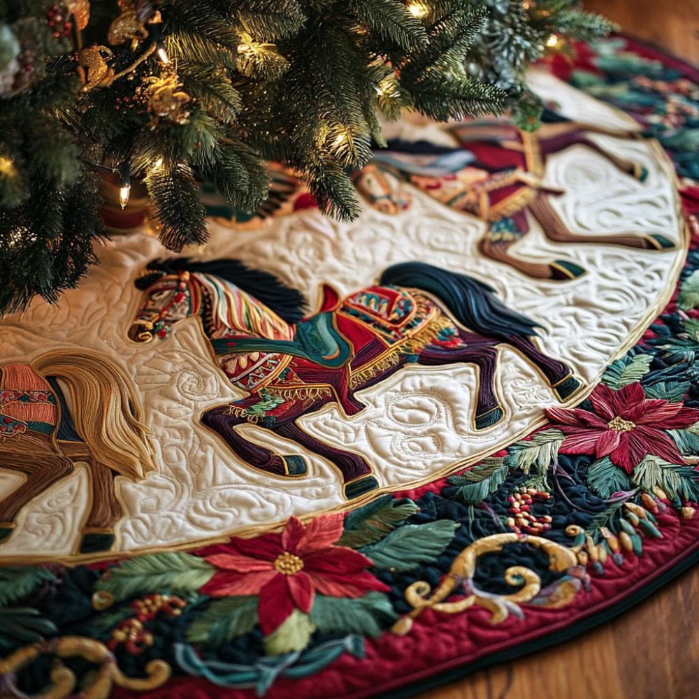 Ruby Merry-Go-Round Carousel Christmas Tree Skirt - Festive Retro Carousel Horse Design, Handcrafted Holiday Centerpiece Decoration