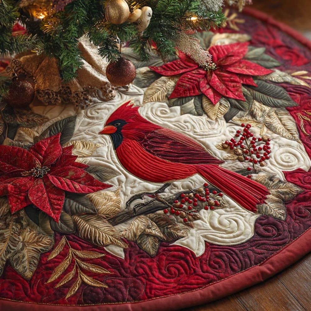 Ruby Songbird Noel Holiday Tree Skirt - Vibrant Songbird Christmas Tree Skirt, Handcrafted Ruby Red Festive Décor With Custom Options