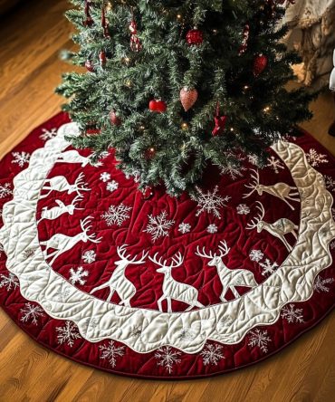 Glowing White Reindeer Tree Skirt — Elegant Handcrafted Snowy Design With Reindeer Silhouettes, Custom Fit