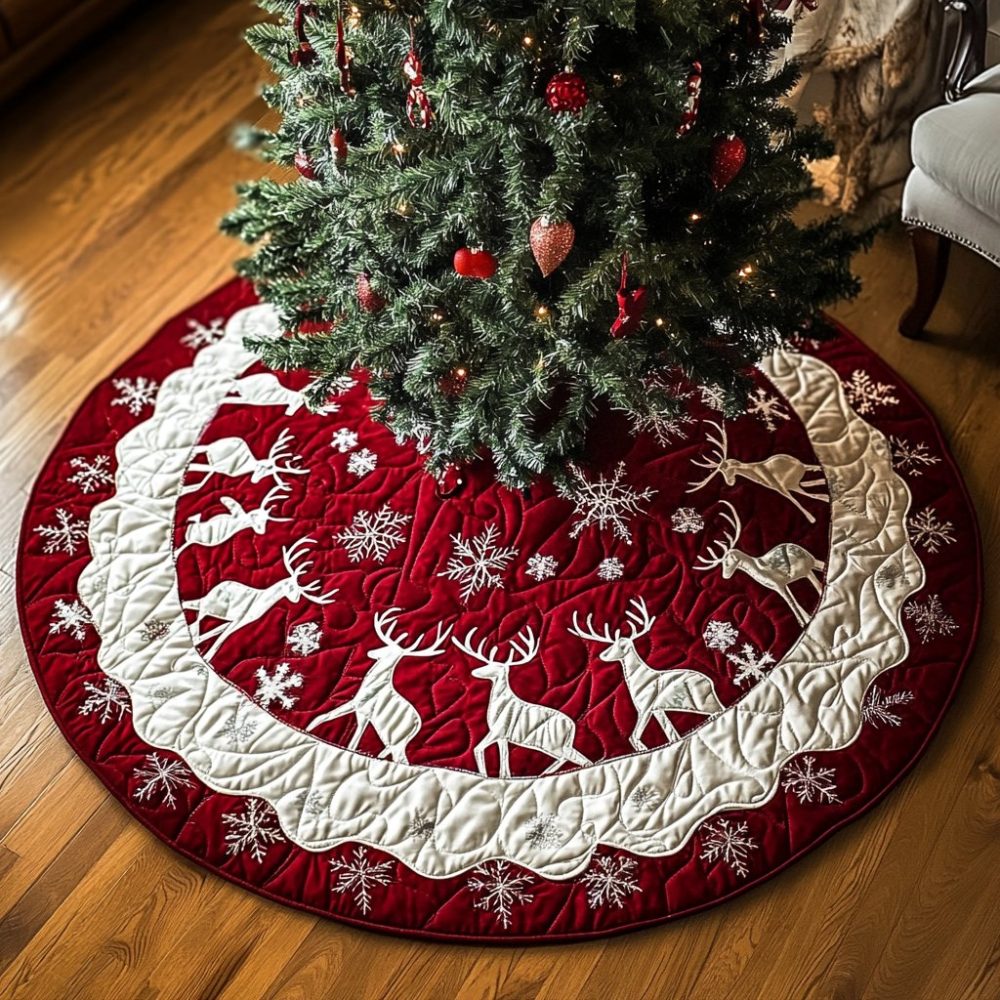 Glowing White Reindeer Tree Skirt — Elegant Handcrafted Snowy Design With Reindeer Silhouettes, Custom Fit