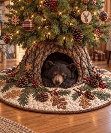 Rustic Bear Winter Den Tree Skirt — Custom Made-To-Order Holiday Base Cover With Cozy Cabin & Bear Motif