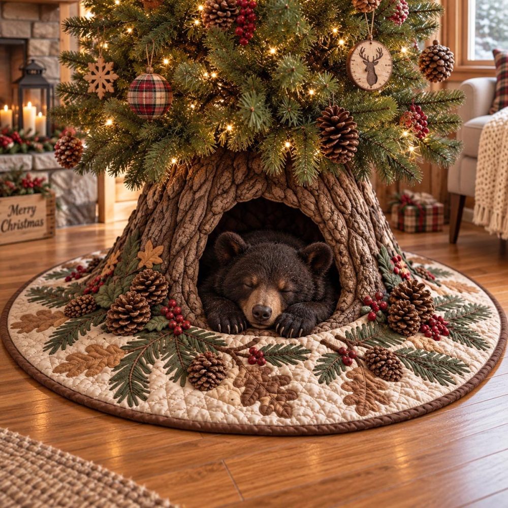 Rustic Bear Winter Den Tree Skirt — Custom Made-To-Order Holiday Base Cover With Cozy Cabin & Bear Motif