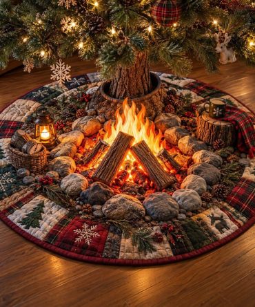 Rustic Campfire Christmas Tree Skirt - Custom-Made Outdoor-Inspired Holiday Skirt With Plaid Trim & Heavy-Duty Backing