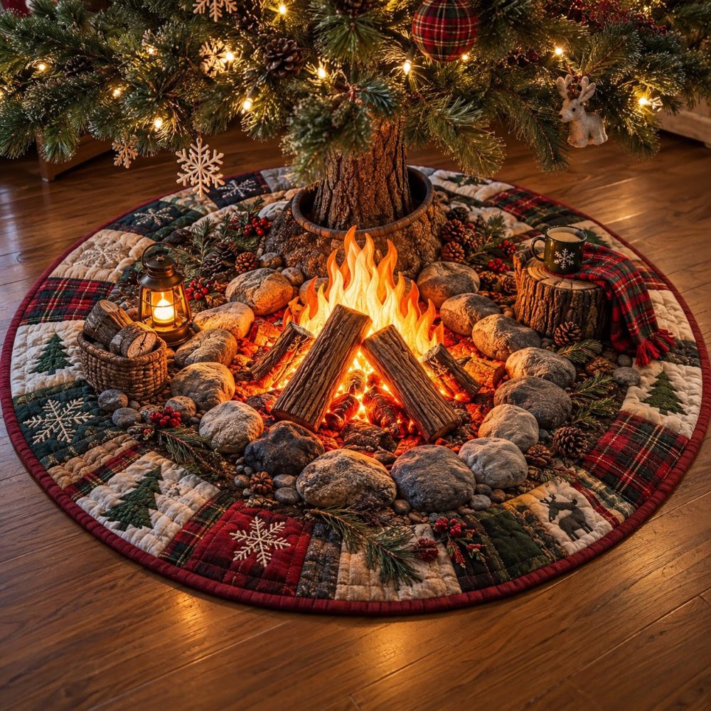 Rustic Campfire Christmas Tree Skirt - Custom-Made Outdoor-Inspired Holiday Skirt With Plaid Trim & Heavy-Duty Backing