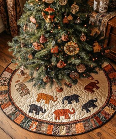 Elephant Parade Patch Rim Quilted Tree Skirt — Custom Safari Patchwork Christmas Tree Skirt, Made-To-Order Animal Lover Holiday Decor — Order Today