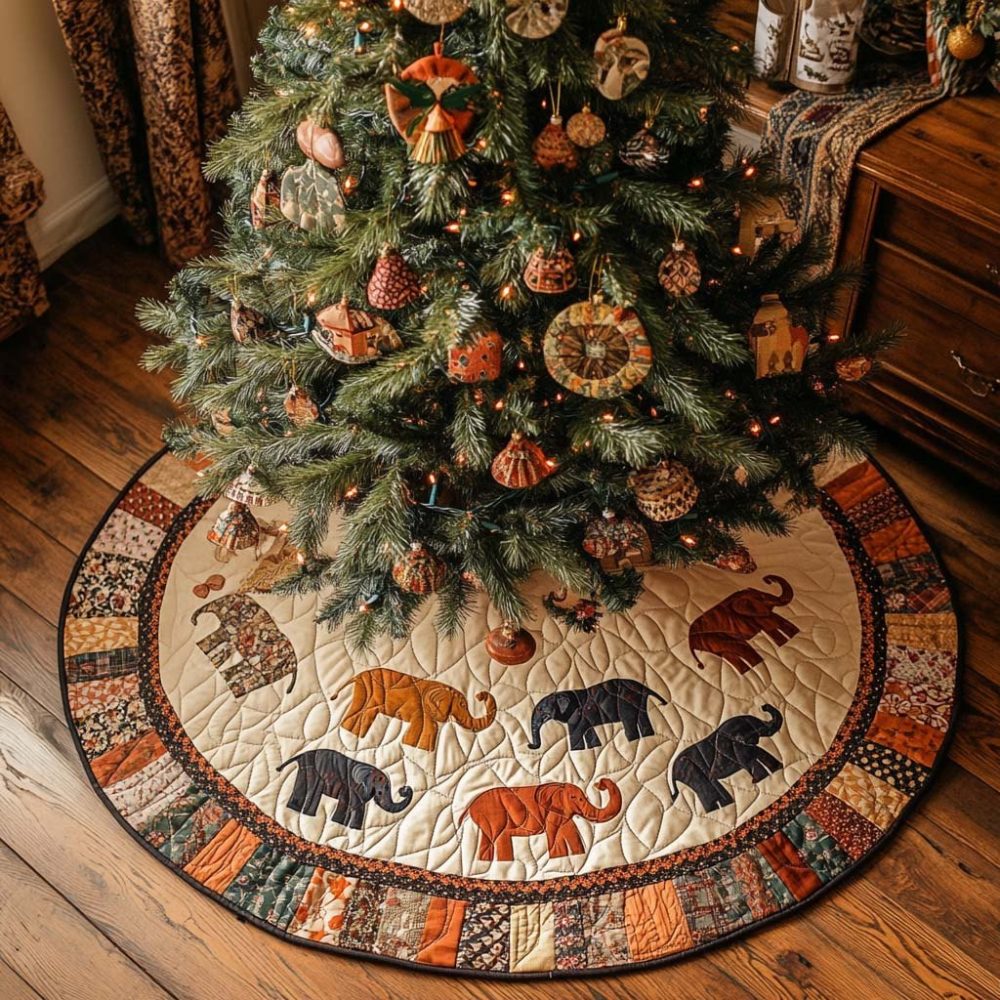 Elephant Parade Patch Rim Quilted Tree Skirt — Custom Safari Patchwork Christmas Tree Skirt, Made-To-Order Animal Lover Holiday Decor — Order Today