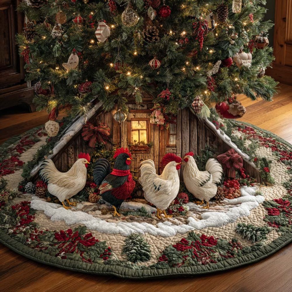 Handmade Farmhouse Rooster Christmas Tree Skirt - Rustic Holiday Tree Skirt, Custom Crafted Festive Country Décor For Trees