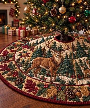 Rustic Deer Heritage Christmas Tree Skirt — Heritage Plaid & Deer Accent Base Cover, Handcrafted Quality, Custom Fit
