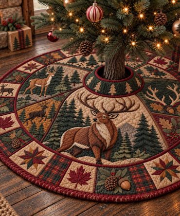Rustic Deer Serenity Christmas Tree Skirt — Soft Neutral Tones With Deer Embroidery, Elegant Cabin-Style Base Cover, Custom Fit