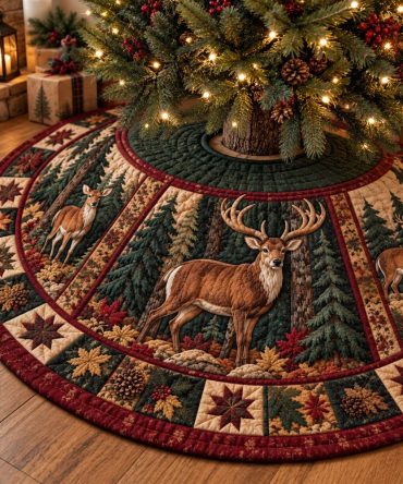 Rustic Deer Wilderness Christmas Tree Skirt — Heavy-Duty Lodge-Style Base Cover With Deer Silhouettes, Custom Sizing