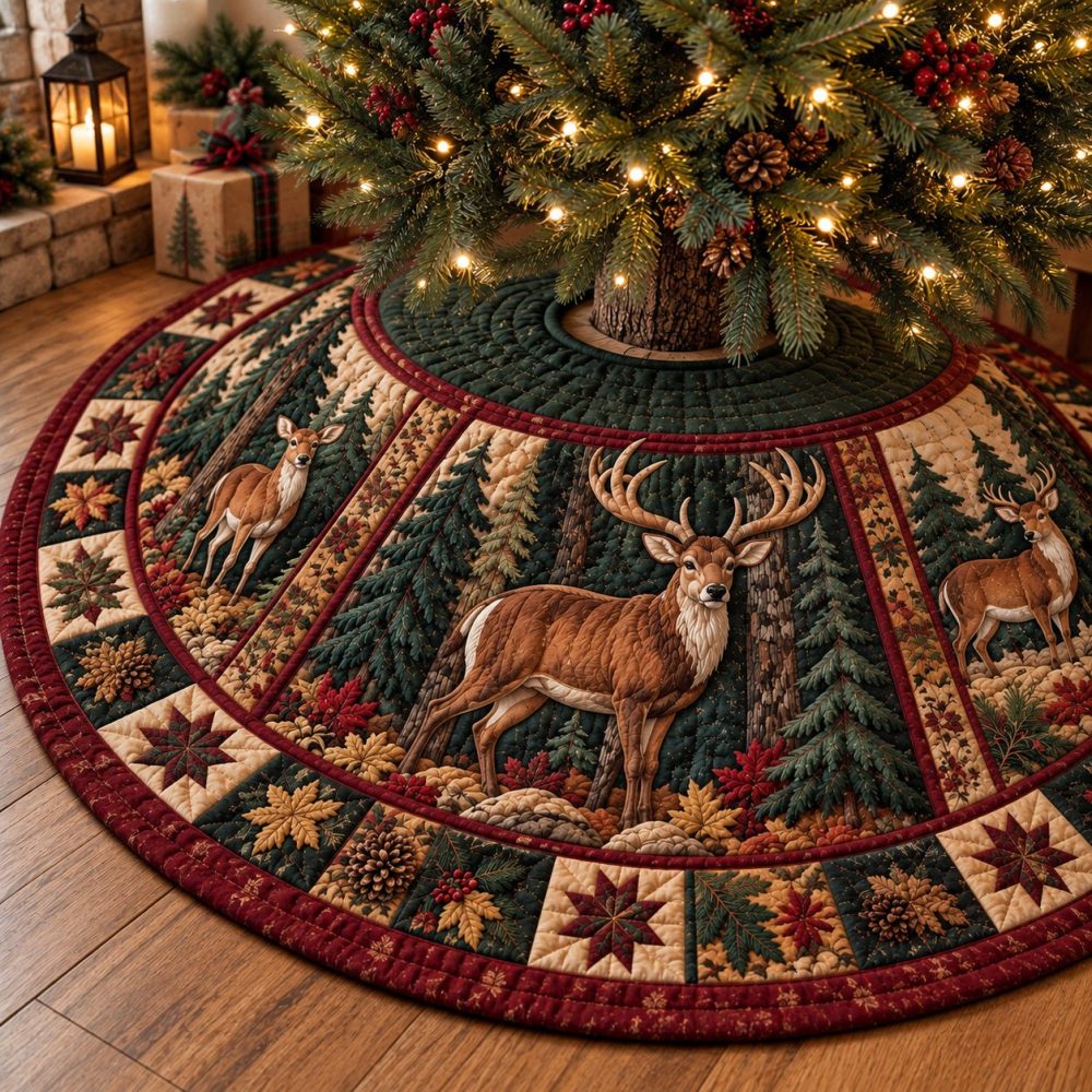 Rustic Deer Wilderness Christmas Tree Skirt — Heavy-Duty Lodge-Style Base Cover With Deer Silhouettes, Custom Sizing