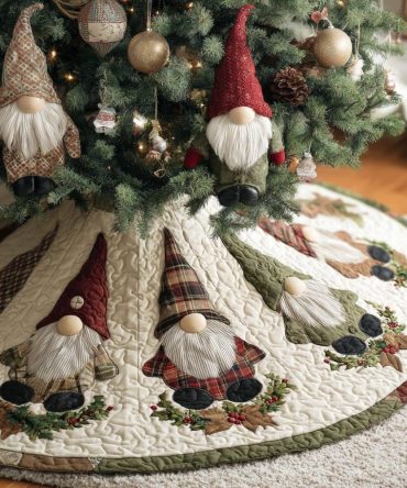 Whimsical Holiday Gnomes Quilted Tree Skirt — Handmade Rustic Christmas Gnome Tree Skirt, Custom Colors & Sizes, Order Today For Holiday Shipping