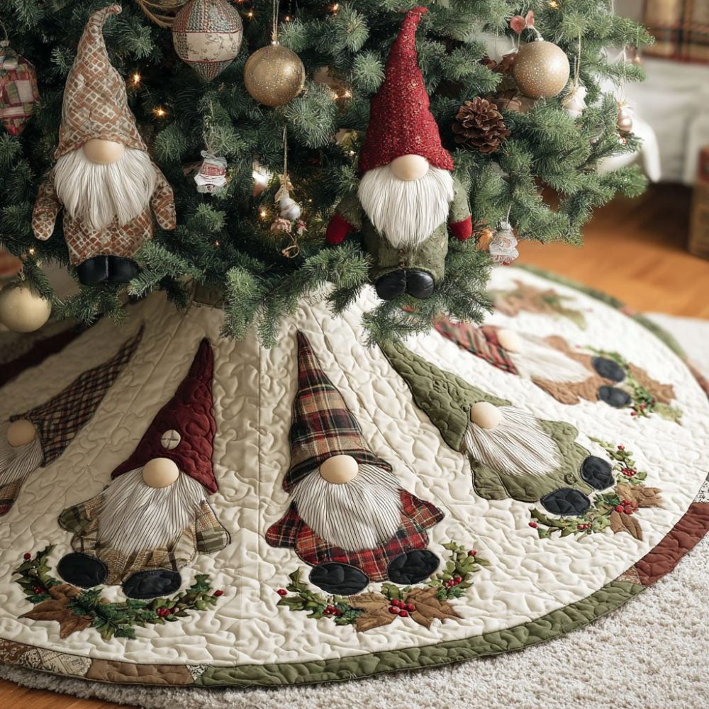 Whimsical Holiday Gnomes Quilted Tree Skirt — Handmade Rustic Christmas Gnome Tree Skirt, Custom Colors & Sizes, Order Today For Holiday Shipping
