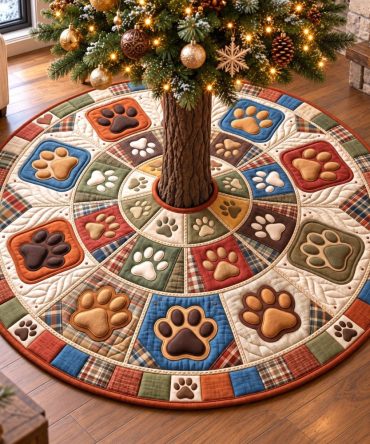 Framed Squares Rustic Paw Prints Tree Skirt — Custom Handmade Christmas Tree Base Cover, Farmhouse Pet-Friendly Holiday Décor