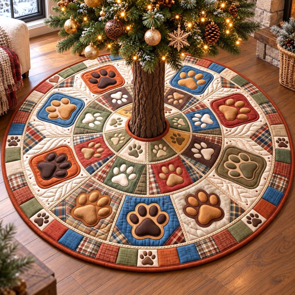 Framed Squares Rustic Paw Prints Tree Skirt — Custom Handmade Christmas Tree Base Cover, Farmhouse Pet-Friendly Holiday Décor