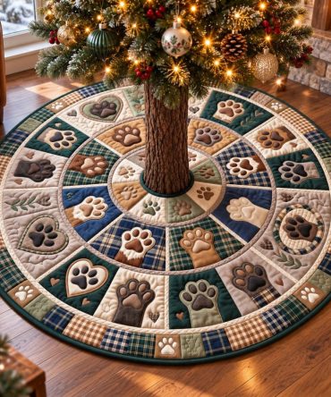 Navy Plaid Rustic Paw Prints Tree Skirt — Custom Handmade Christmas Tree Base Cover, Cozy Plaid Pet-Lovers Holiday Décor