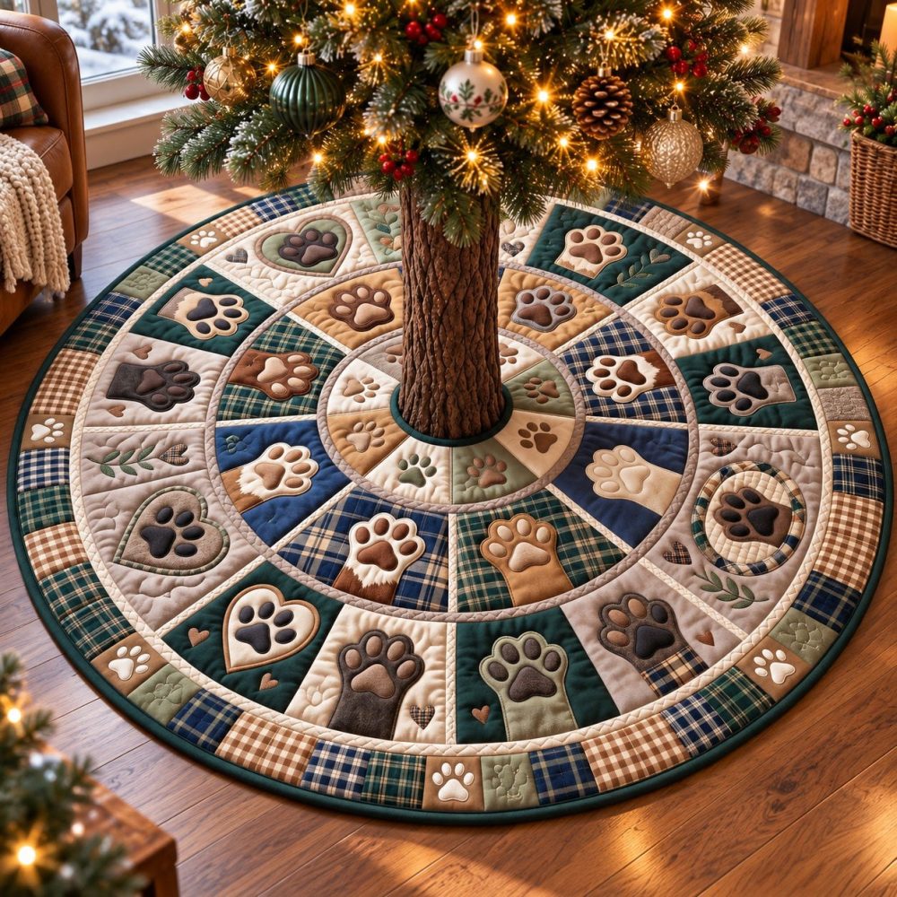 Navy Plaid Rustic Paw Prints Tree Skirt — Custom Handmade Christmas Tree Base Cover, Cozy Plaid Pet-Lovers Holiday Décor