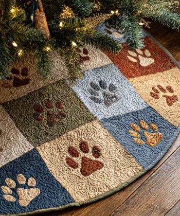 Personalized Paw Print Patchwork Christmas Tree Skirt — Custom Pet-Lover Quilted Tree Skirt, Made-To-Order Gift For Dog & Cat Owners, Order Today
