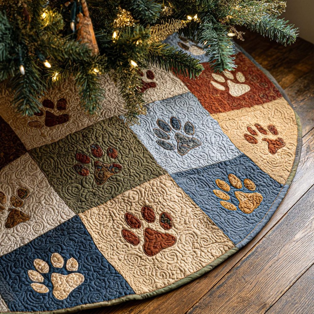 Personalized Paw Print Patchwork Christmas Tree Skirt — Custom Pet-Lover Quilted Tree Skirt, Made-To-Order Gift For Dog & Cat Owners, Order Today