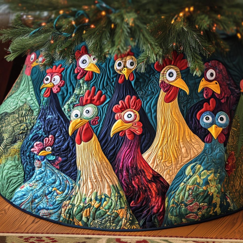 Farmhouse Rooster Holiday Tree Skirt — Rustic Quilted Christmas Tree Skirt With Rooster Motif, Custom-Made Country Decor, Order Today For Holidays