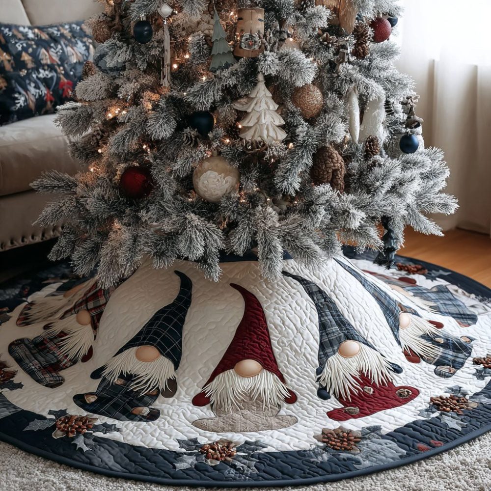 Rustic Snow Gnomes Quilted Christmas Tree Skirt — Handmade Winter Gnome Holiday Tree Skirt, Custom Sizes & Fabrics, Order Today For Holiday Shipping
