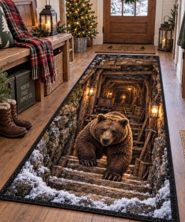 Rustic Bear Stairway Runner Rug — Country Lodge Stair Carpet With Bear Silhouette, Durable Low-Pile Construction & Slip-Resistant Backing