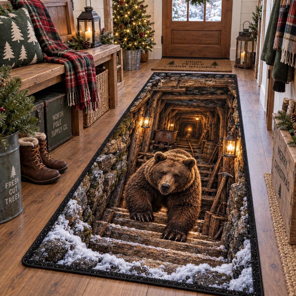 Rustic Bear Stairway Runner Rug — Country Lodge Stair Carpet With Bear Silhouette, Durable Low-Pile Construction & Slip-Resistant Backing