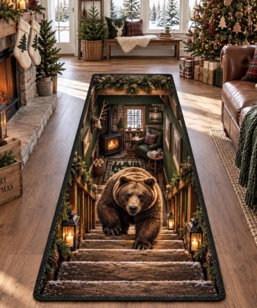 Rustic Bear Steps Runner Rug — Durable Cabin-Style Hallway Carpet With Bear Motif, Low-Maintenance & Non-Skid Backing For Busy Homes