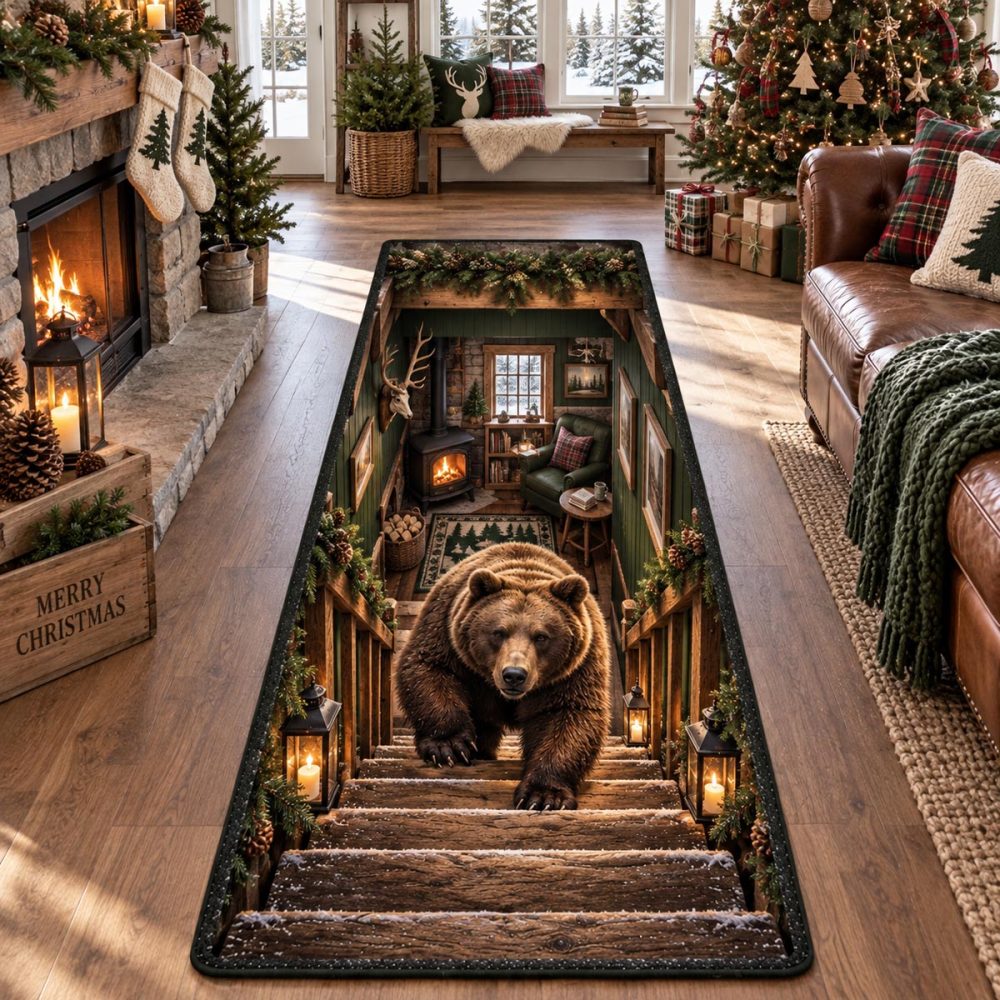Rustic Bear Steps Runner Rug — Durable Cabin-Style Hallway Carpet With Bear Motif, Low-Maintenance & Non-Skid Backing For Busy Homes