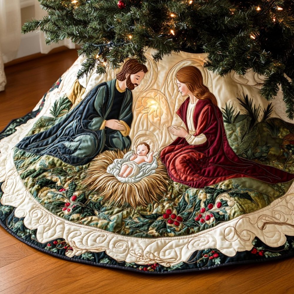 Made-To-Order Sacred Birth Nativity Tree Skirt — Custom Religious Christmas Tree Skirt, Quilted Holiday Keepsake, Order Now For Seasonal Delivery