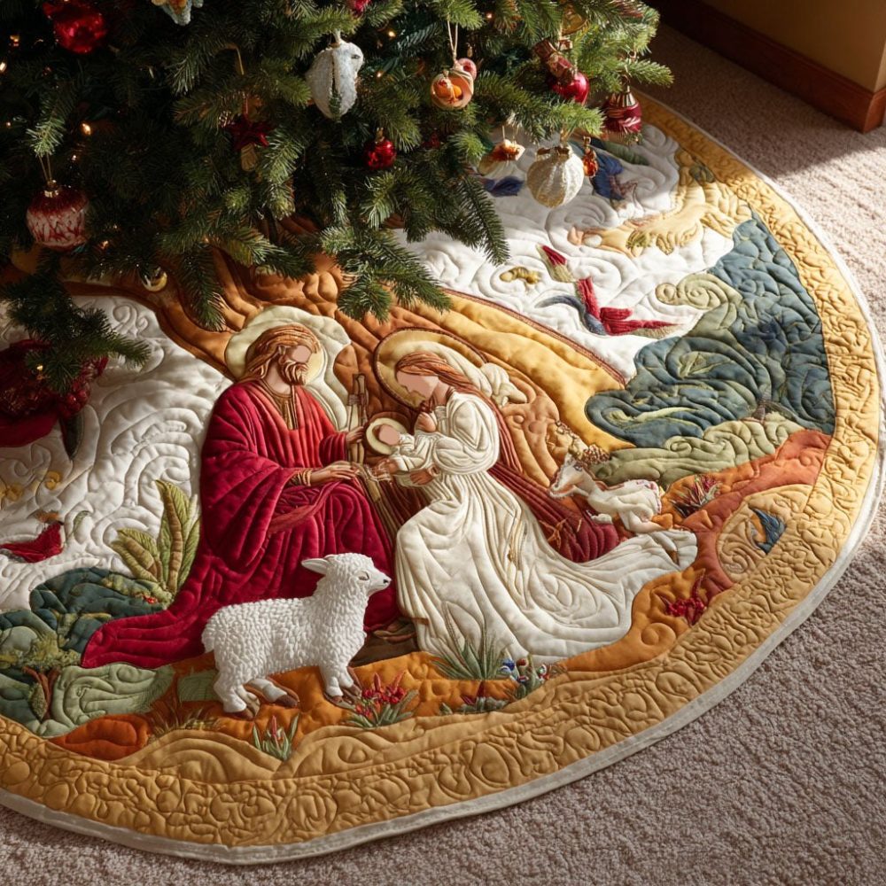 Personalized Sacred Family Christmas Tree Skirt — Custom Nativity Family Tree Skirt, Handmade Religious Holiday Heirloom, Order Today For Gifts