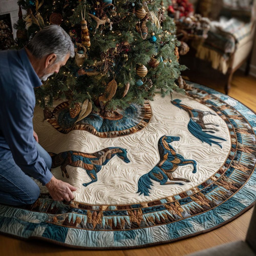 Sacred Mustang Christmas Tree Skirt — Custom Western Nativity Skirt, Made-To-Order Cowboy Holiday Decor With Rustic Details