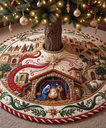 Bethlehem Stable Star Procession Tree Skirt — Custom Nativity Holiday Tree Decor, Handcrafted Felt Applique