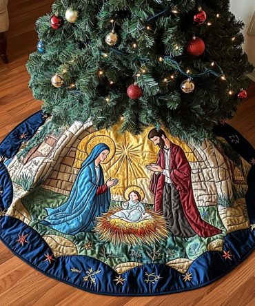 Sacred Night Christmas Tree Skirt — Made-To-Order Religious Holiday Decor, Elegant Midnight Nativity Skirt With Fine Detailing