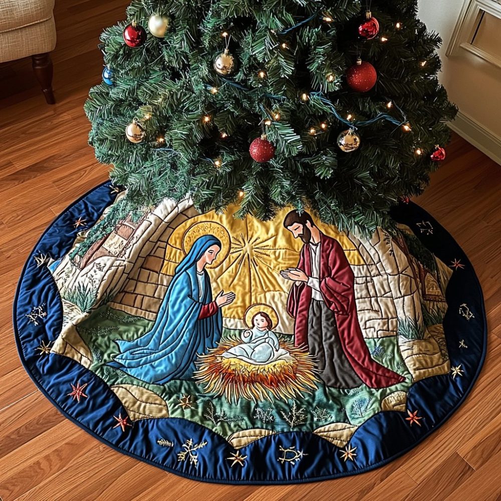 Sacred Night Christmas Tree Skirt — Made-To-Order Religious Holiday Decor, Elegant Midnight Nativity Skirt With Fine Detailing