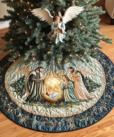Sacred Spirit Christmas Tree Skirt — Custom Religious Holiday Base, Handcrafted Made-To-Order Nativity-Themed Tree Skirt