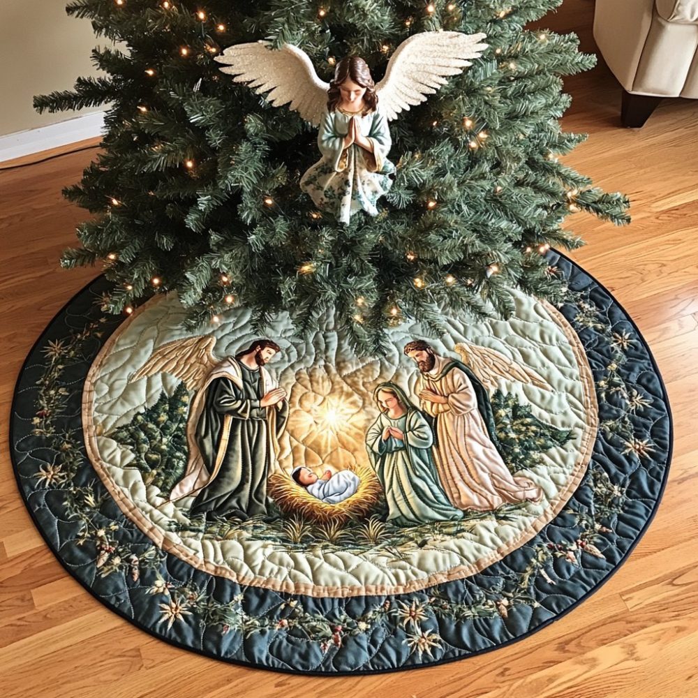 Sacred Spirit Christmas Tree Skirt — Custom Religious Holiday Base, Handcrafted Made-To-Order Nativity-Themed Tree Skirt