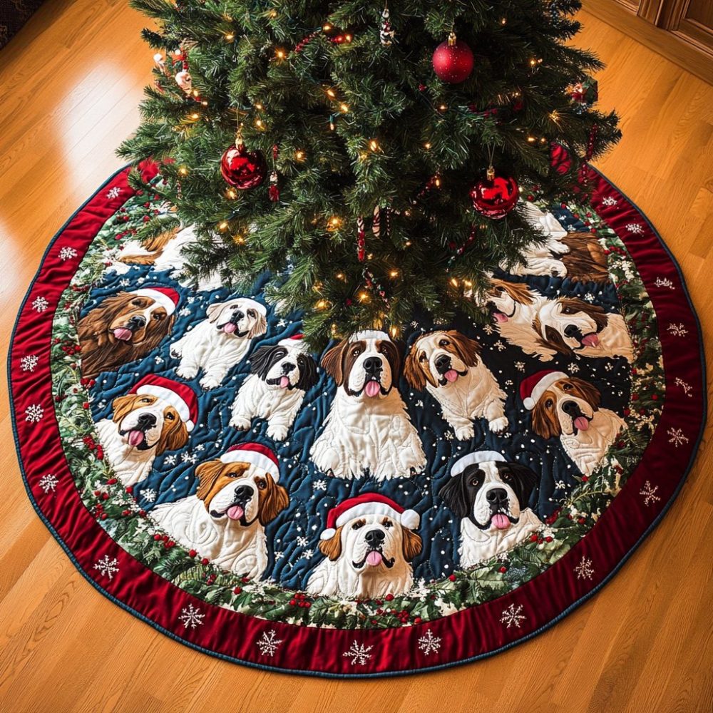 Joyful Saint Bernard Christmas Tree Skirt — Custom-Made Holiday Accent, Luxury Fabric, Personalized Dog-Themed Tree Base Decor
