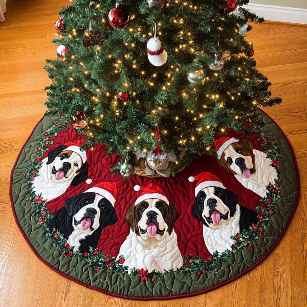 Handcrafted Saint Bernard Holiday Tree Skirt — Custom Made-To-Order Velvet Holiday Decor, Perfect Personalized Gift For Dog Lovers