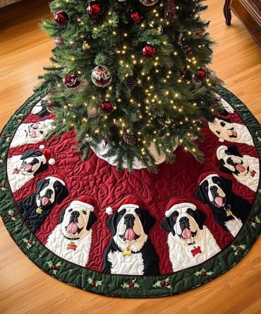 Handcrafted Saint Bernard Noel Christmas Tree Skirt - Made To Order Elegant Noel Design, Plush Holiday Dog Skirt