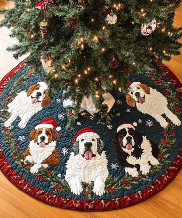 Saint Bernard Noel Night Christmas Tree Skirt - Made To Order Luxurious Holiday Skirt, Plush Noel Motif & Custom Sizes