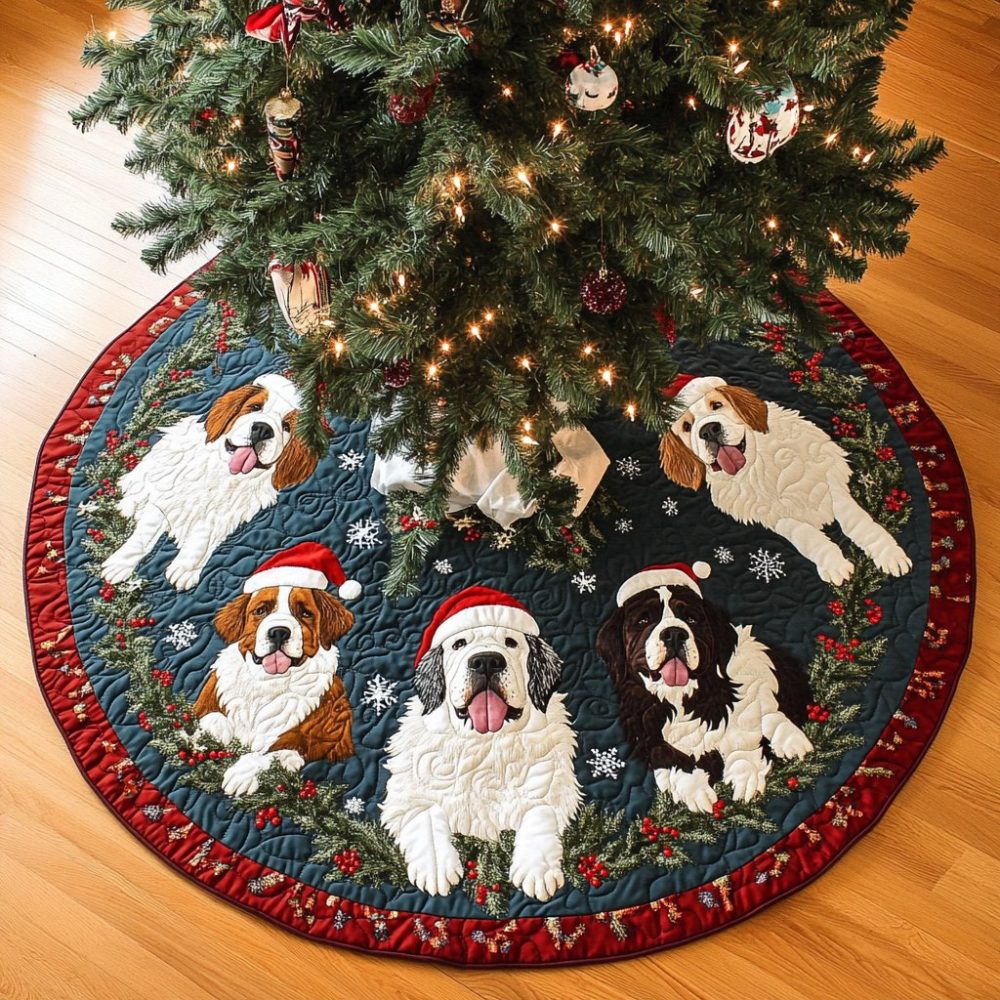 Saint Bernard Noel Night Christmas Tree Skirt - Made To Order Luxurious Holiday Skirt, Plush Noel Motif & Custom Sizes