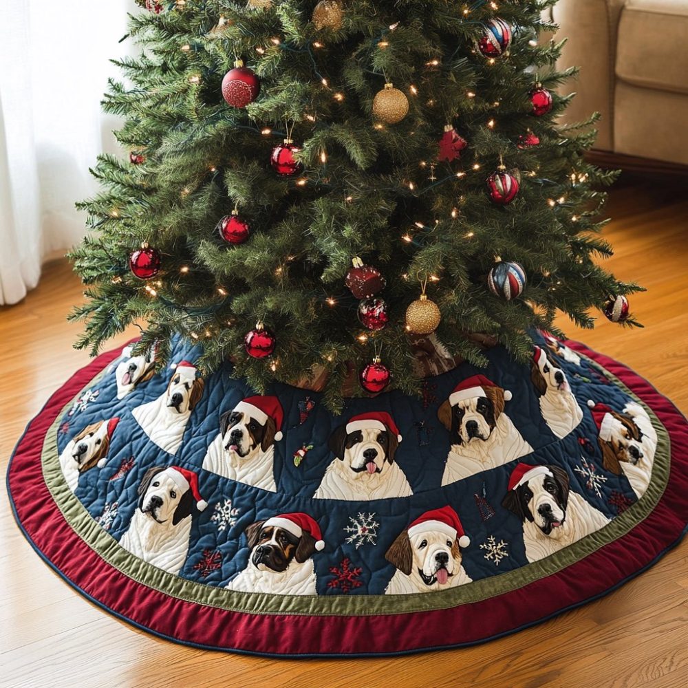 Custom Saint Bernard Xmas Joy Christmas Tree Skirt - Made To Order Plush Holiday Skirt, Large Dog Friendly Design