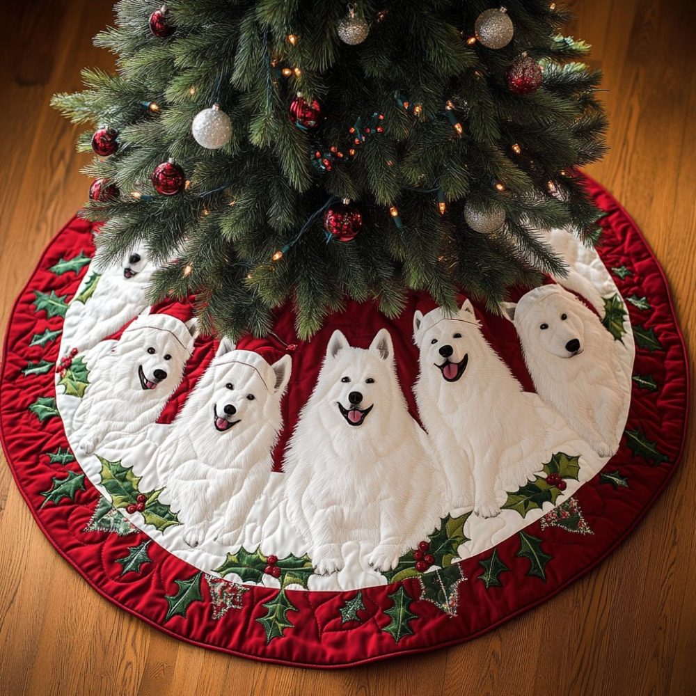 Premium Samoyed Holiday Joy Christmas Tree Skirt - Made To Order Plush Festive Skirt, Personalized Dog Gift