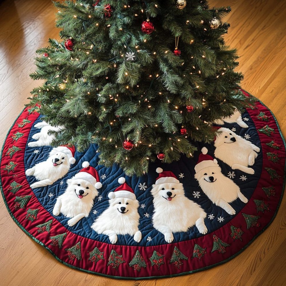 Handmade Samoyed Noel Christmas Tree Skirt - Made To Order Holiday Skirt, Plush Noel Design & Custom Sizing