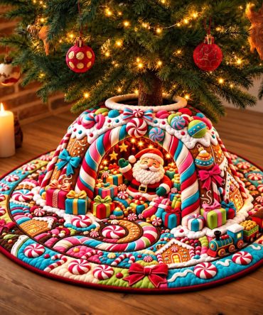 Candyland Santa Tree Skirt - Colorful Handmade Christmas Tree Skirt With Candy-Covered Cave Design, Custom Size Options