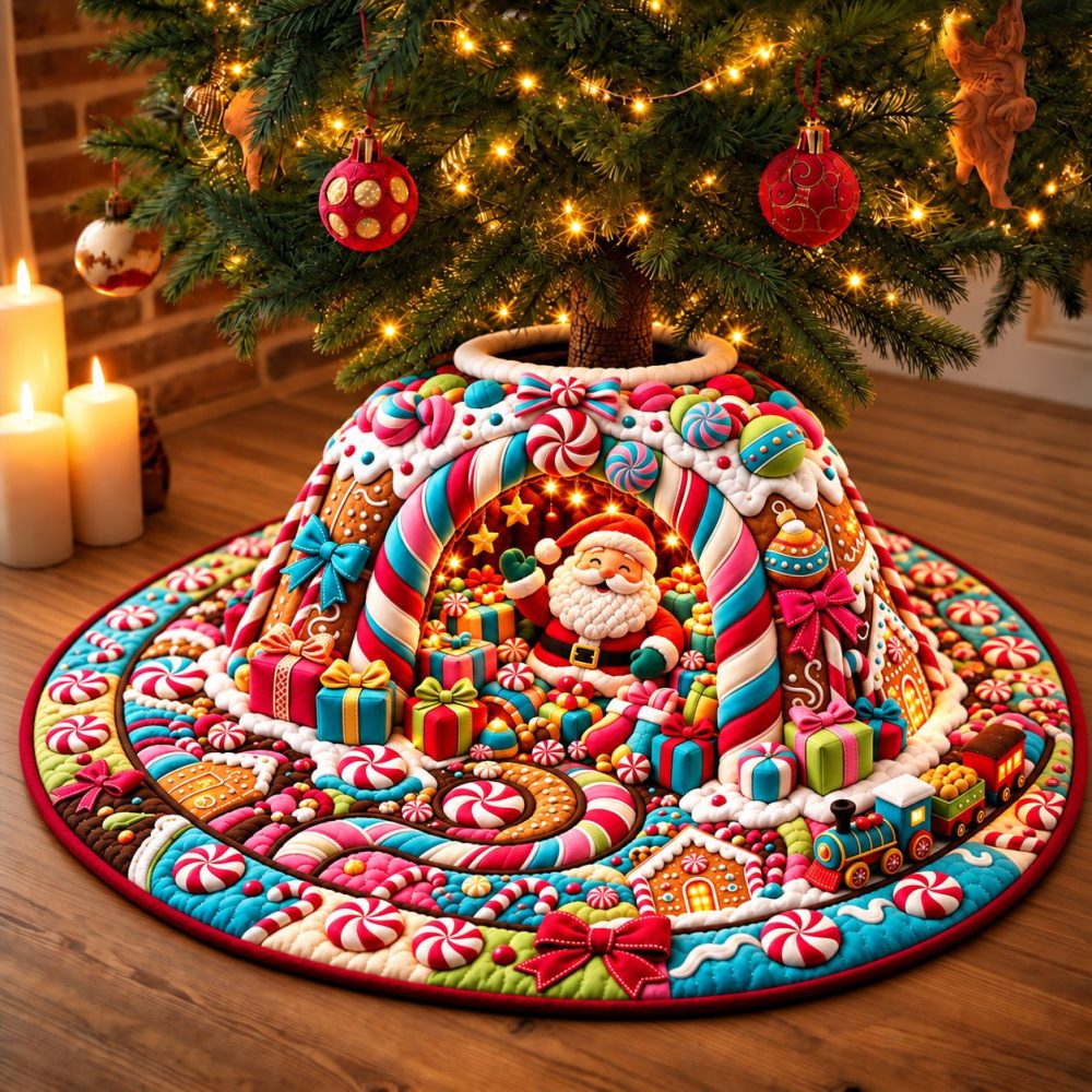 Candyland Santa Tree Skirt - Colorful Handmade Christmas Tree Skirt With Candy-Covered Cave Design, Custom Size Options