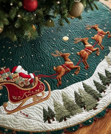 Reindeer Pulling Santa Sleigh Tree Skirt — Custom Holiday Scene Christmas Tree Skirt, Handmade Festive Home Decor & Gift